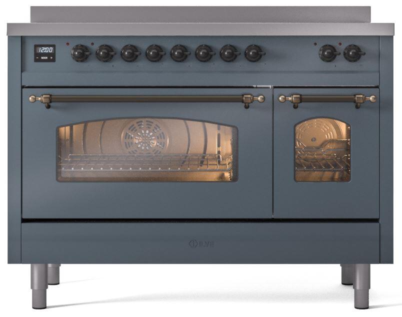 ILVE Nostalgie II 48-Inch Freestanding Electric Induction Range, Blue Grey with Burnished Bronze Trim (UPI486NMPBGB)