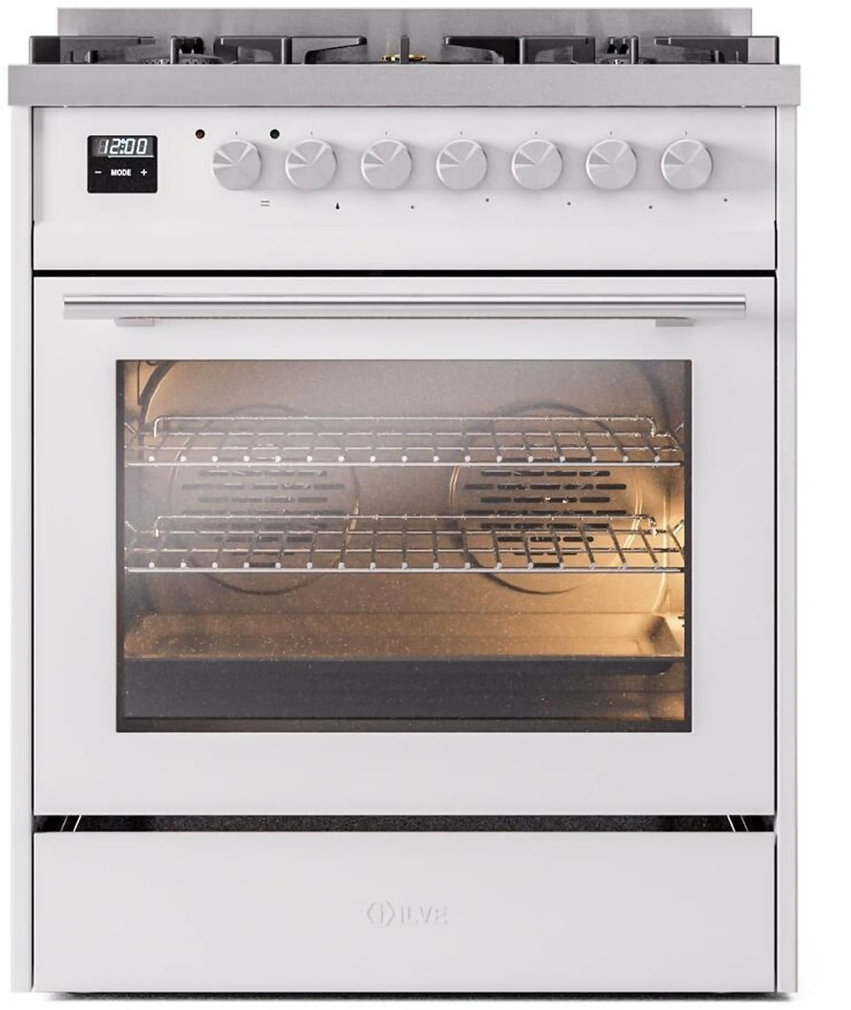 ILVE Professional Plus II 30-Inch Freestanding Natural Gas Dual Fuel Range, 5 Sealed Burners, White (UP30WMPWH)