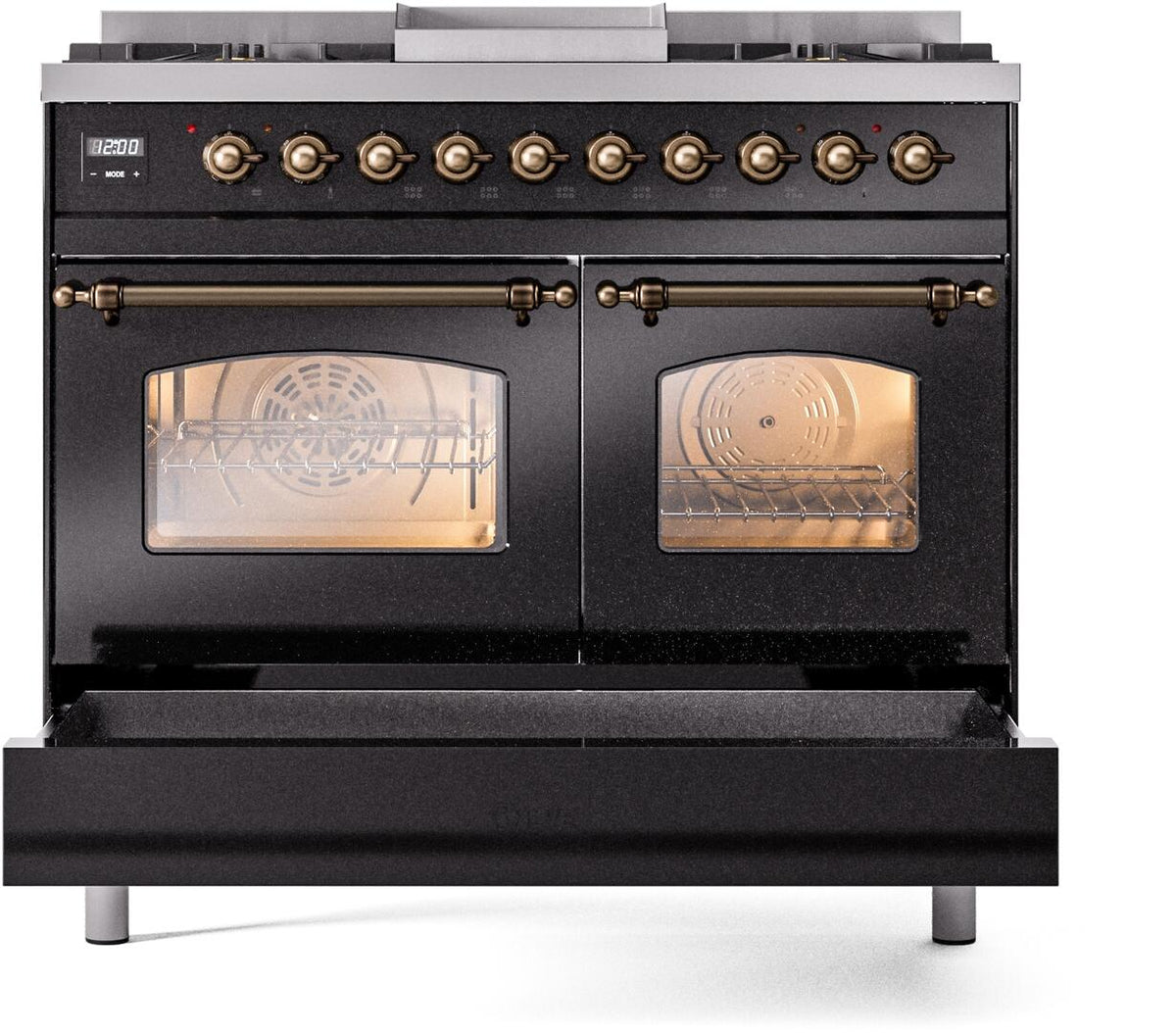 ILVE Nostalgie II 40-Inch Dual Fuel Freestanding Range in Glossy Black with Burnished Bronze Trim (UPD40FNMPBKBLP)