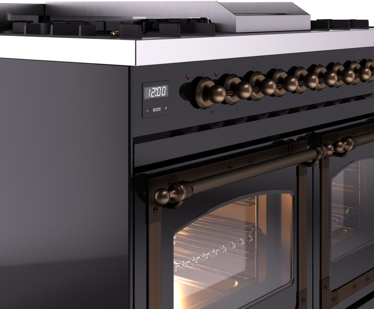 ILVE Nostalgie II 40-Inch Dual Fuel Freestanding Range in Glossy Black with Burnished Bronze Trim (UPD40FNMPBKBLP)