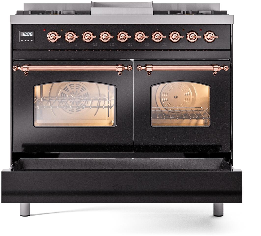 ILVE Nostalgie II 40-Inch Dual Fuel Freestanding Range in Glossy Black with Copper Trim (UPD40FNMPBKPLP)