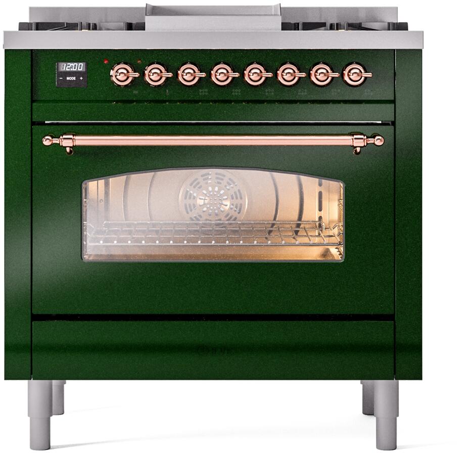 ILVE Nostalgie II 36-Inch Freestanding Dual Fuel Range, Emerald Green with Copper Trim (UP36FNMPEGPLP)