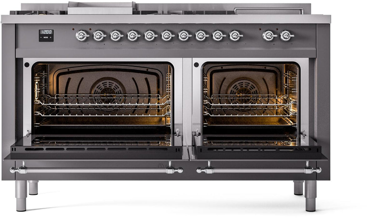 ILVE Nostalgie II 60-Inch Propane Gas Dual Fuel Range with 7 Burners, Griddle, & French Top with Triple Glass Door Oven in Matte Graphite with Chrome Trim (UP60FSNMPMGCLP)