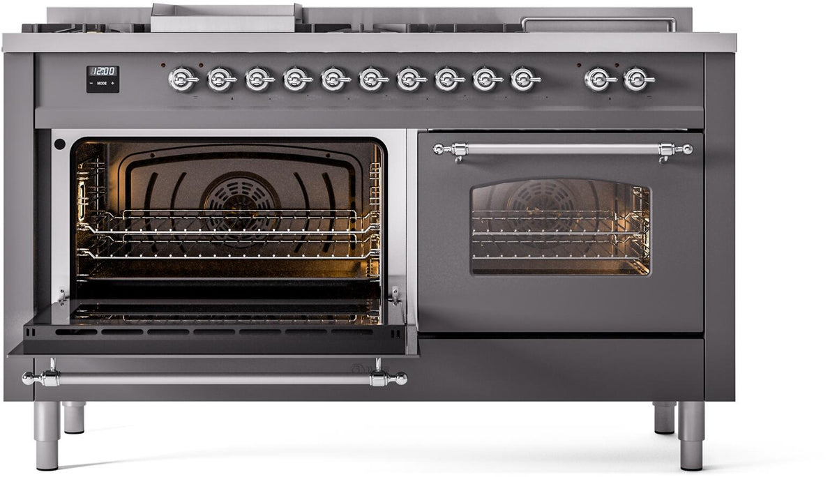 ILVE Nostalgie II 60-Inch Propane Gas Dual Fuel Range with 7 Burners, Griddle, & French Top with Triple Glass Door Oven in Matte Graphite with Chrome Trim (UP60FSNMPMGCLP)