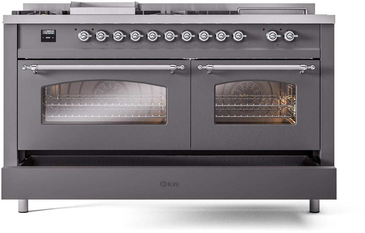 ILVE Nostalgie II 60-Inch Propane Gas Dual Fuel Range with 7 Burners, Griddle, & French Top with Triple Glass Door Oven in Matte Graphite with Chrome Trim (UP60FSNMPMGCLP)