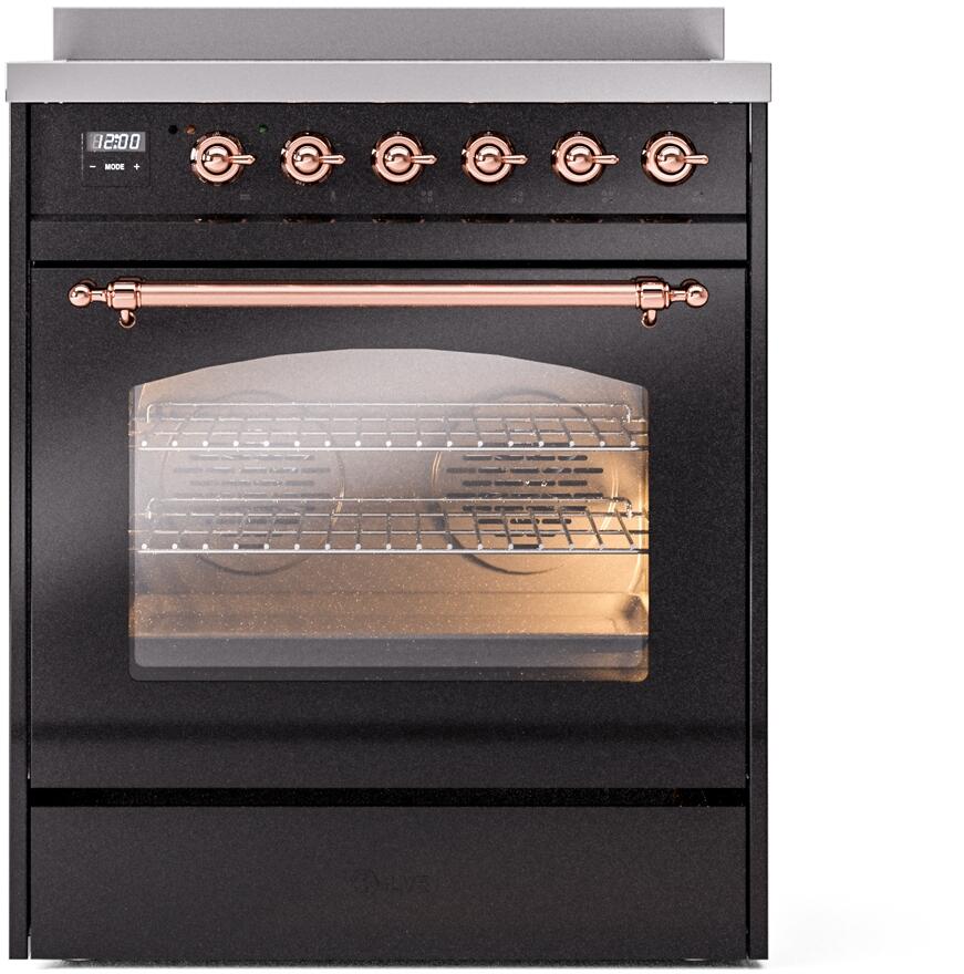 ILVE Nostalgie II 30-Inch Electric Induction Range, Freestanding, Glossy Black with Copper Trim (UPI304NMPBKP)