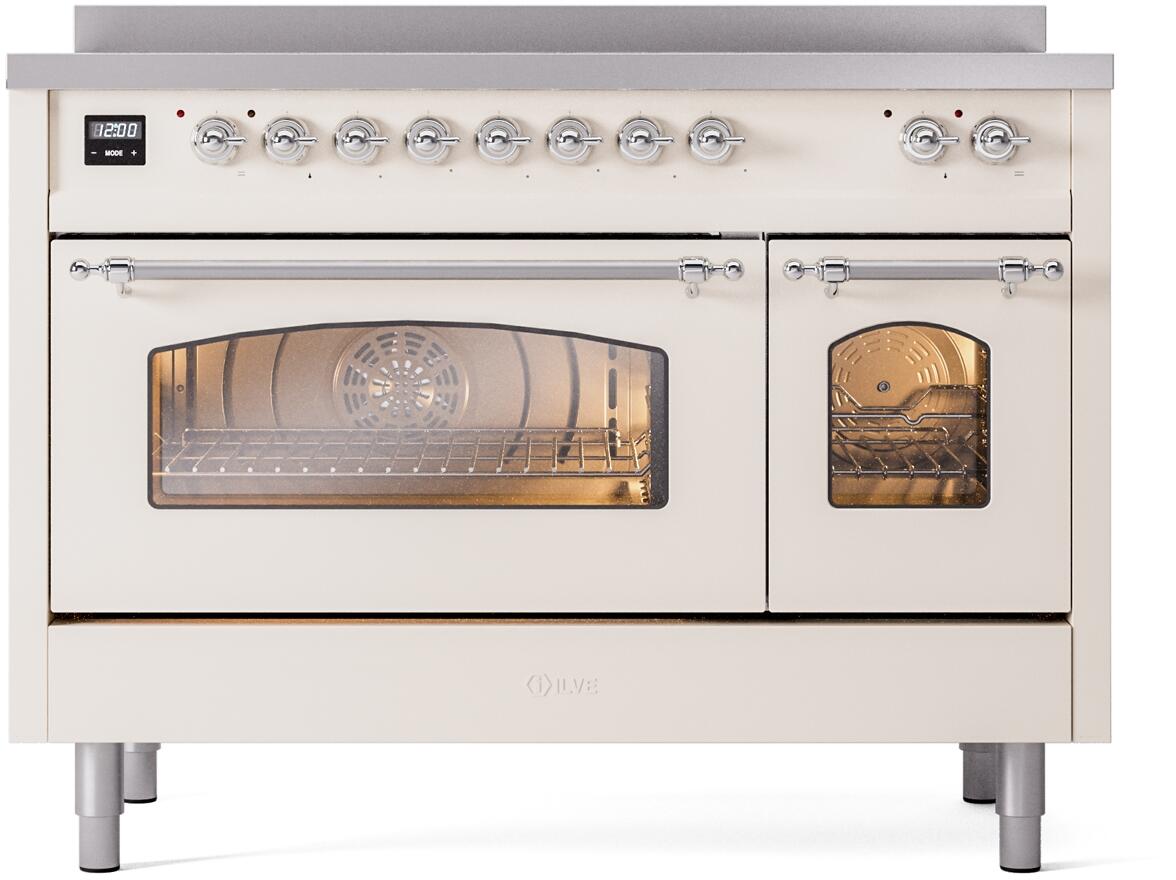 ILVE Nostalgie II 48-Inch Freestanding Electric Induction Range, Antique White with Chrome Trim (UPI486NMPAWC)