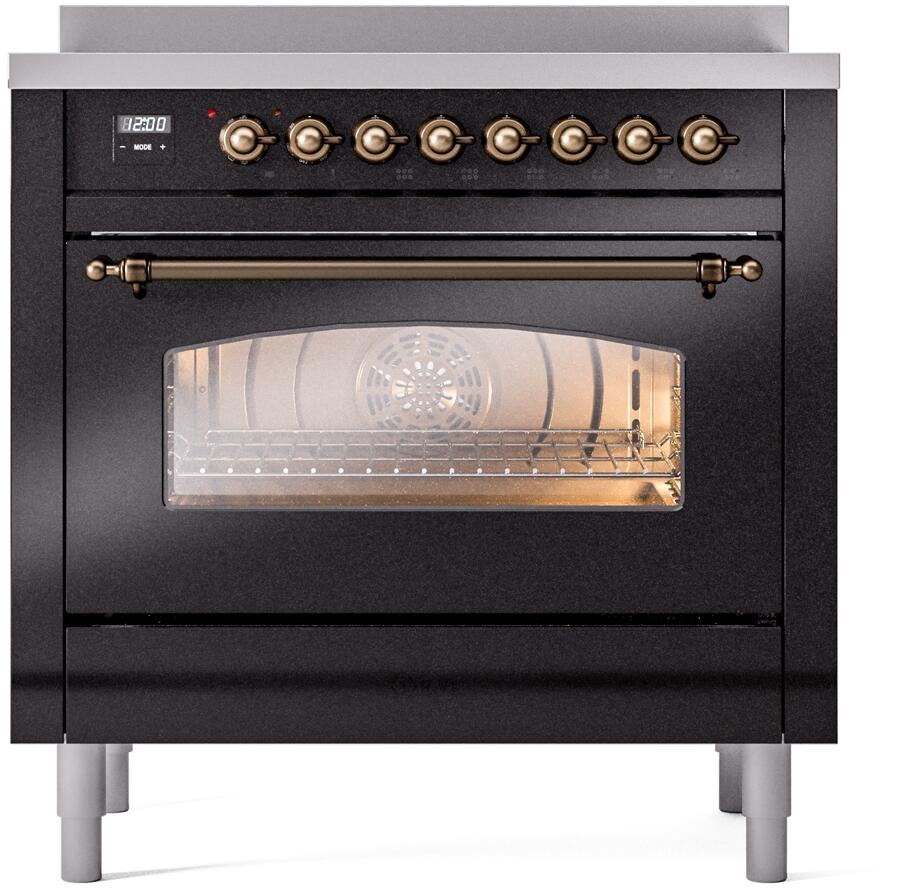 ILVE Nostalgie II 36-Inch Freestanding Electric Induction Range, Glossy Black with Burnished Bronze Trim (UPI366NMPBKB)