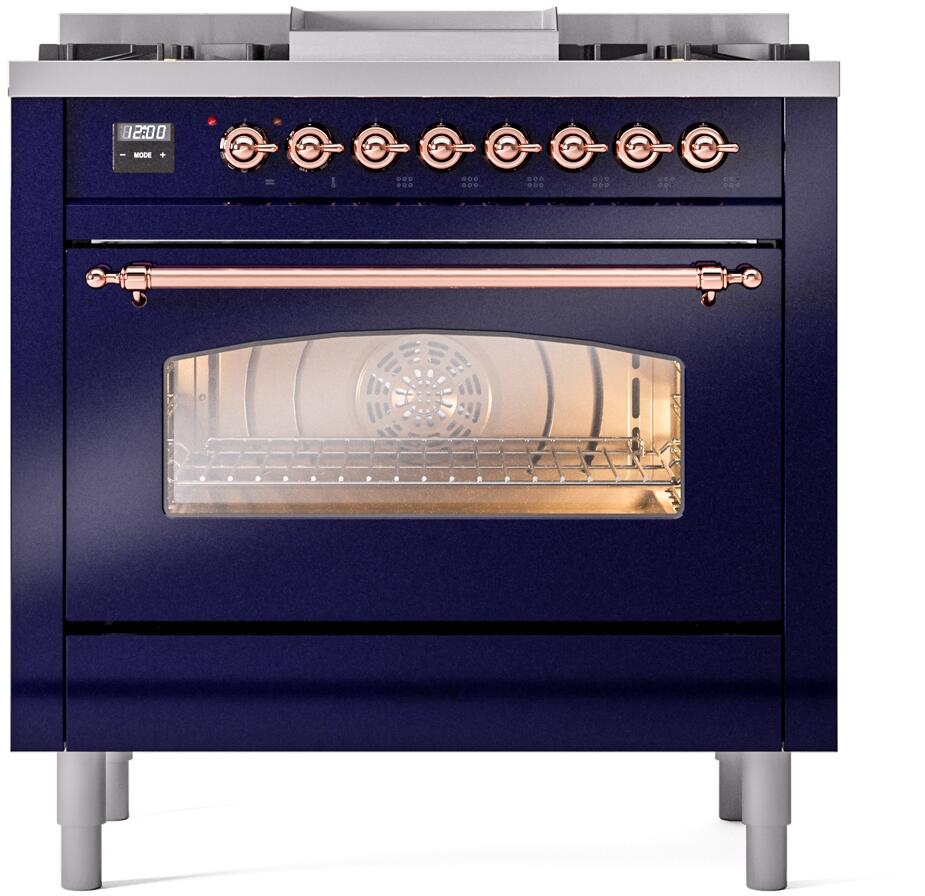 ILVE Nostalgie II 36-Inch Freestanding Natural Gas Dual Fuel Range, Midnight Blue with Copper Trim (UP36FNMPMBP)