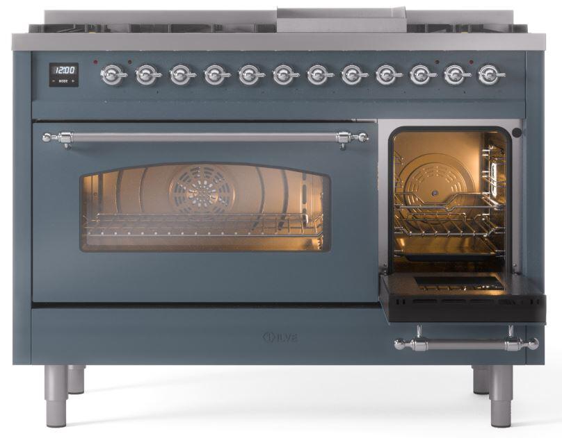 ILVE Nostalgie II 48-Inch Dual Fuel Freestanding Range in Blue Grey with Chrome Trim (UP48FNMPBGCLP)