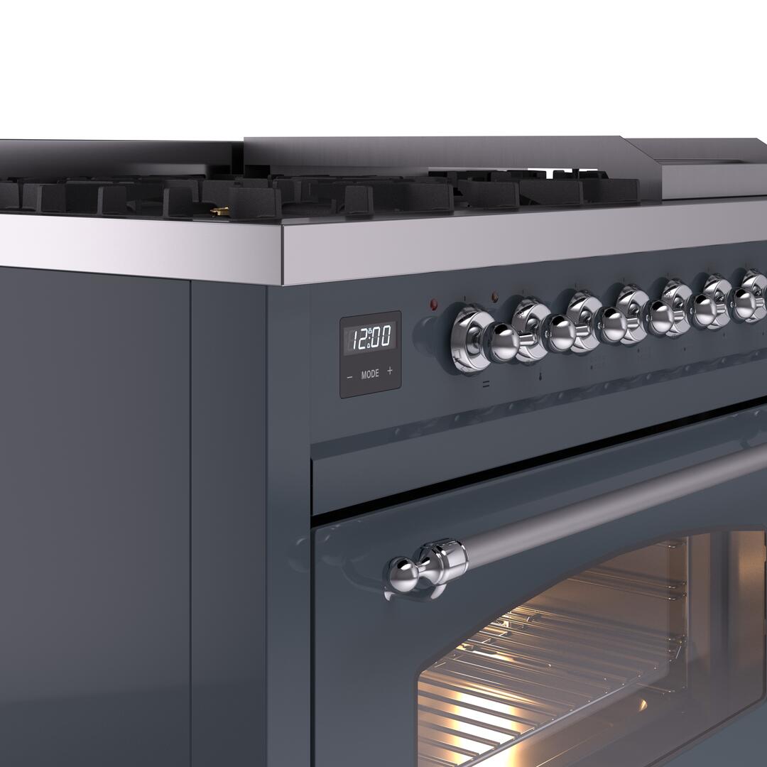 ILVE Nostalgie II 48-Inch Freestanding Natural Gas Dual Fuel Range in Blue Grey with Chrome Trim (UP48FNMPBGC)