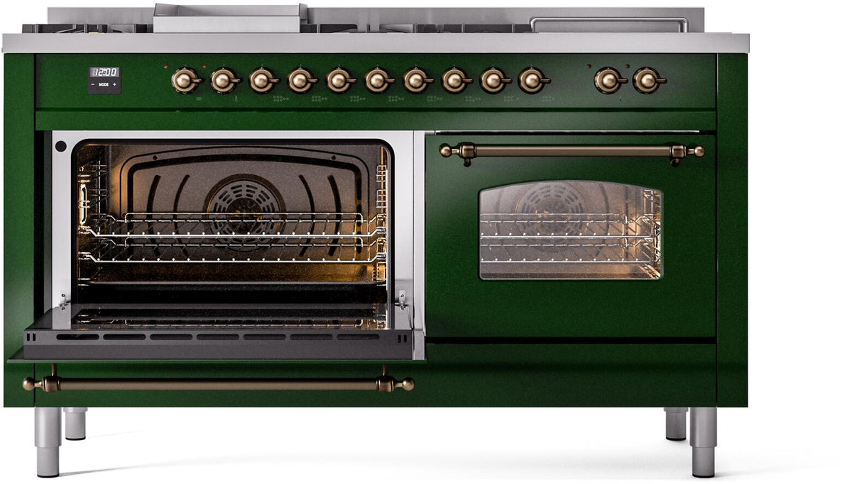 ILVE Nostalgie II 60-inch Propane Gas Dual Fuel Range with 7 Burners, Griddle, & French Top with Triple Glass Door Oven in Emerald Green with Burnished Bronze Trim (UP60FSNMPEGBLP)