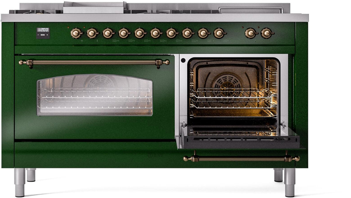 ILVE Nostalgie II 60-inch Natural Gas Dual Fuel Range with 7 Burners, Griddle, & French Top with Triple Glass Door Oven in Emerald Green with Burnished Bronze Trim (UP60FSNMPEGB)