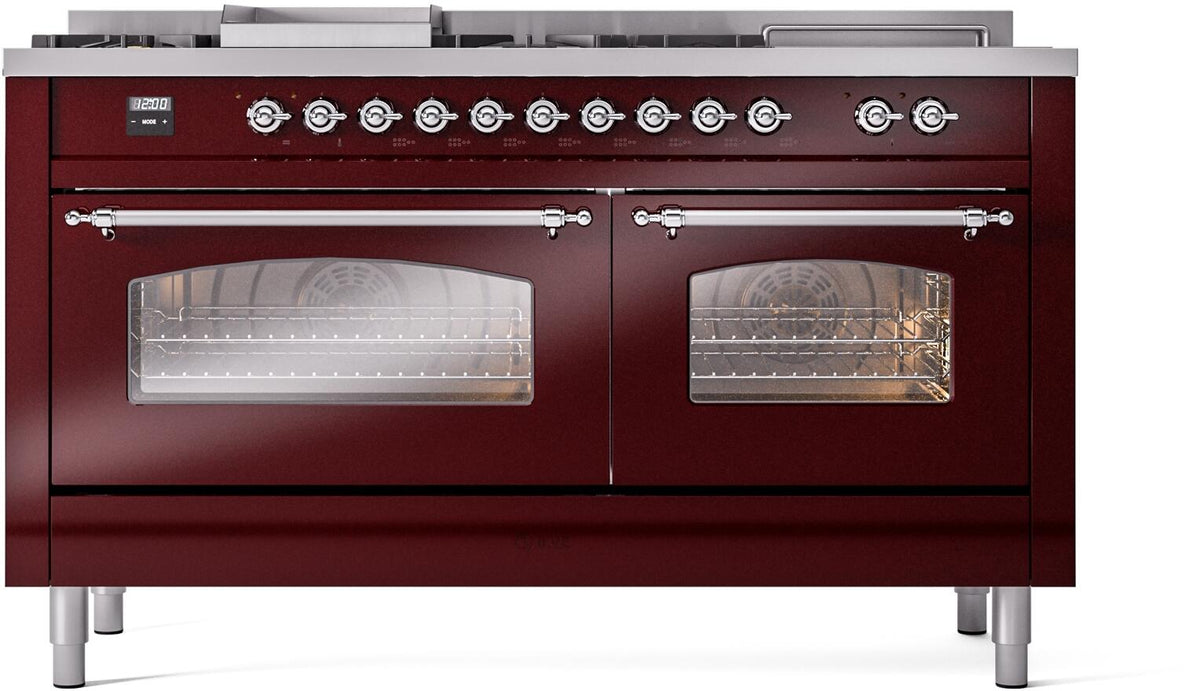 ILVE Nostalgie II 60-Inch Propane Dual Fuel Range, 7 Burners, Griddle, French Top, Triple Glass Door, Burgundy with Chrome Trim (UP60FSNMPBUCLP)