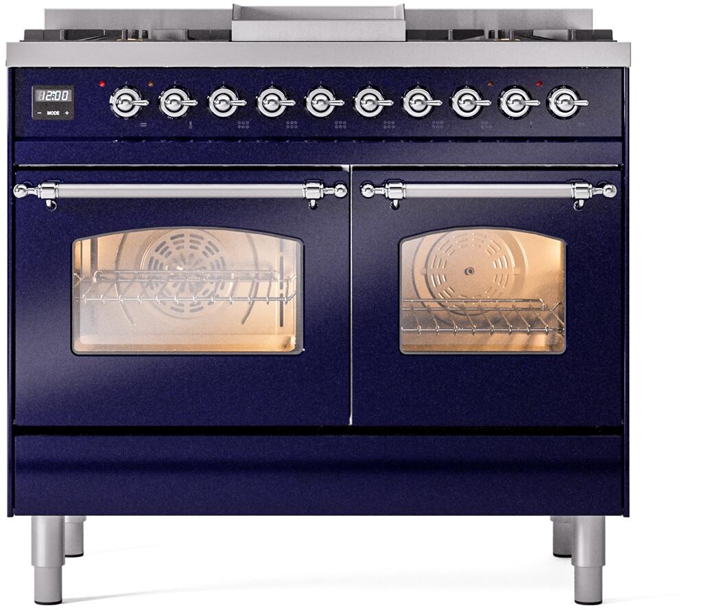ILVE Nostalgie II 40-Inch Freestanding Natural Gas Dual Fuel Range, Midnight Blue with Chrome Trim (UPD40FNMPMBC)