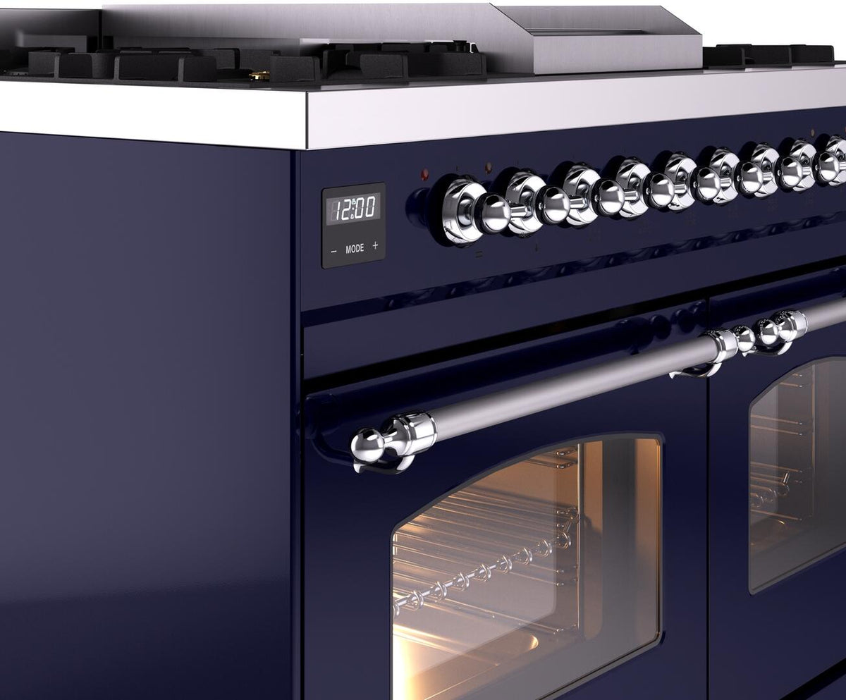 ILVE Nostalgie II 40-Inch Dual Fuel Freestanding Range in Midnight Blue with Chrome Trim (UPD40FNMPMBCLP)