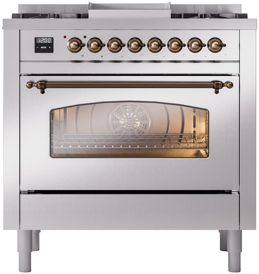ILVE Nostalgie II 36-Inch Freestanding Dual Fuel Range, Stainless Steel with Burnished Bronze Trim (UP36FNMPSSBLP)