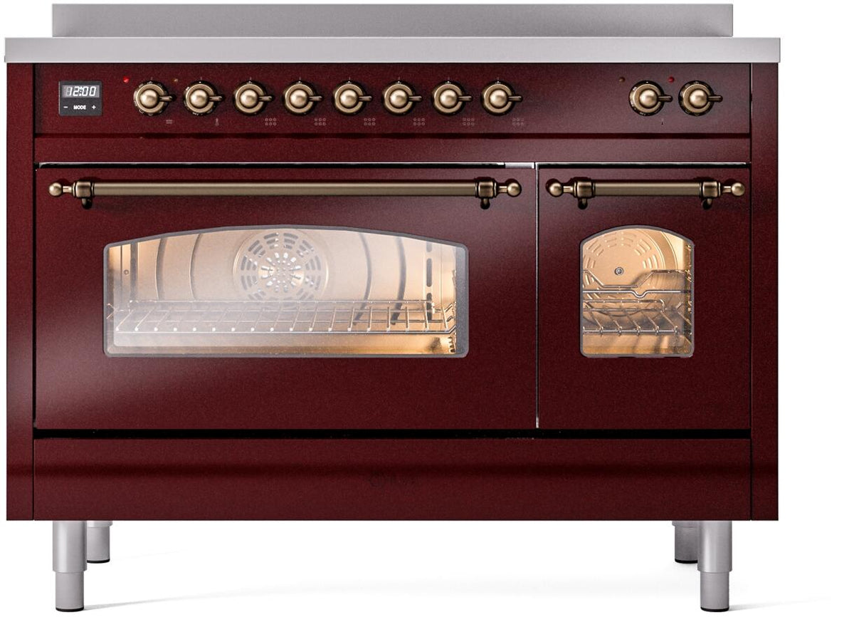 ILVE Nostalgie II 48-Inch Freestanding Electric Induction Range, Burgundy with Burnished Bronze Trim (UPI486NMPBUB)