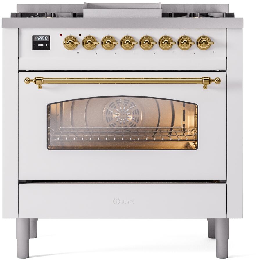 ILVE Nostalgie II 36-Inch Freestanding Natural Gas Dual Fuel Range, White with Brass Trim (UP36FNMPWHG)