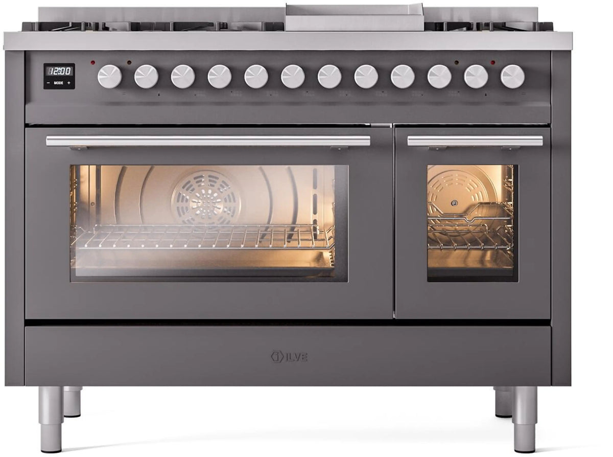 ILVE Professional Plus II 48-Inch Freestanding Natural Gas Dual Fuel Range, 8 Sealed Burners, Matte Graphite (UP48FWMPMG)