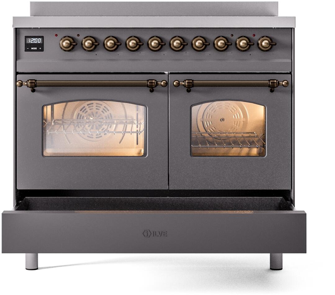 ILVE Nostalgie II 40-Inch Freestanding Electric Induction Range in Matte Graphite with Burnished Bronze Trim (UPDI406NMPMGB)