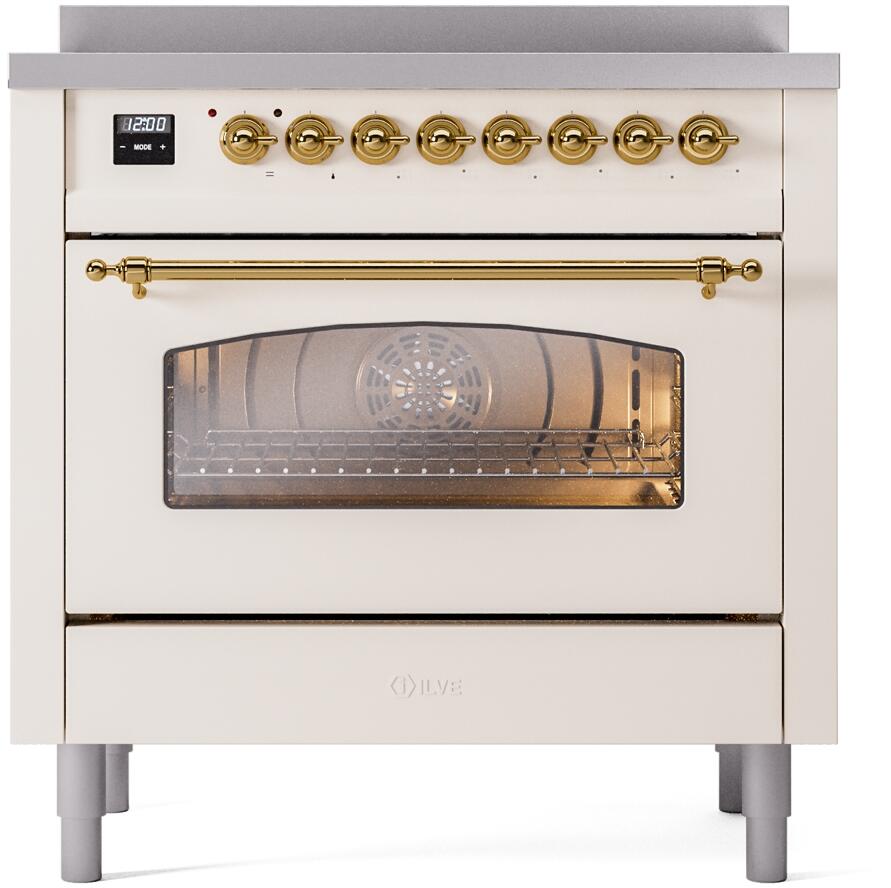 ILVE Nostalgie II 36-Inch Freestanding Electric Induction Range, Antique White with Brass Trim (UPI366NMPAWG)