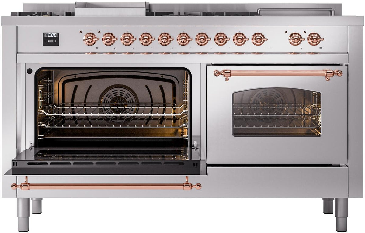 ILVE Nostalgie II 60-Inch Natural Gas Dual Fuel Range with 7 Burners, Griddle, & French Top with Triple Glass Door Oven in Stainless Steel with Copper Trim (UP60FSNMPSSP)