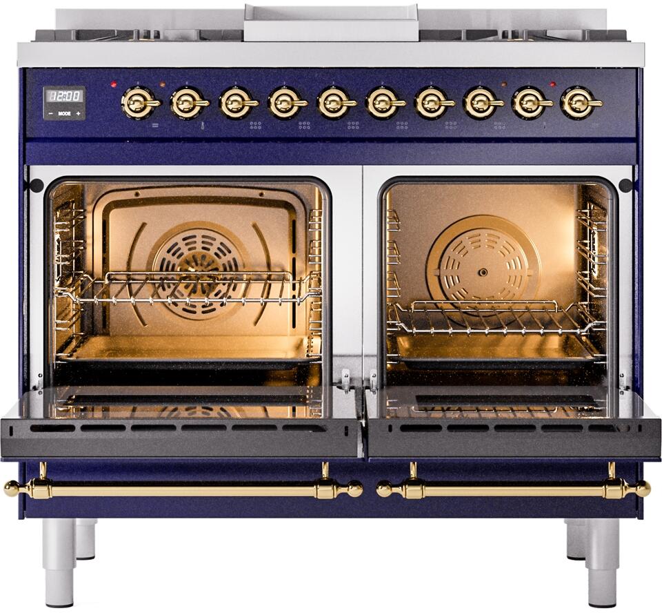 ILVE Nostalgie II 40-Inch Dual Fuel Freestanding Range in Midnight Blue with Brass Trim (UPD40FNMPMBGLP)
