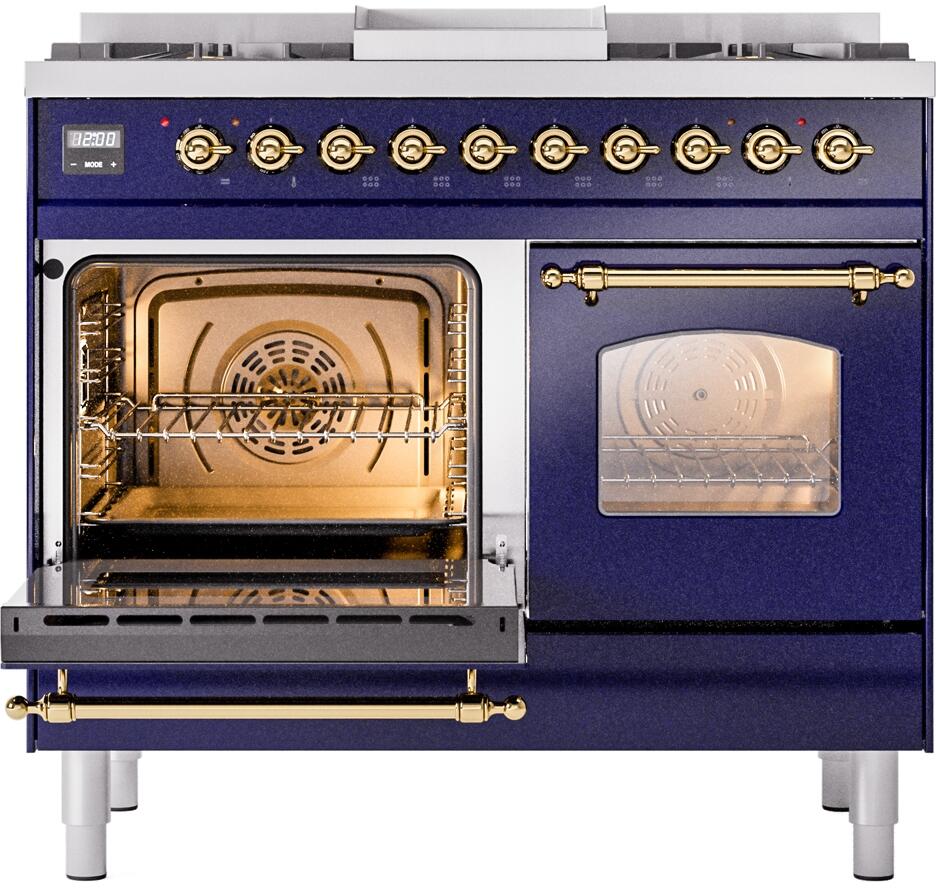 ILVE Nostalgie II 40-Inch Dual Fuel Freestanding Range in Midnight Blue with Brass Trim (UPD40FNMPMBGLP)