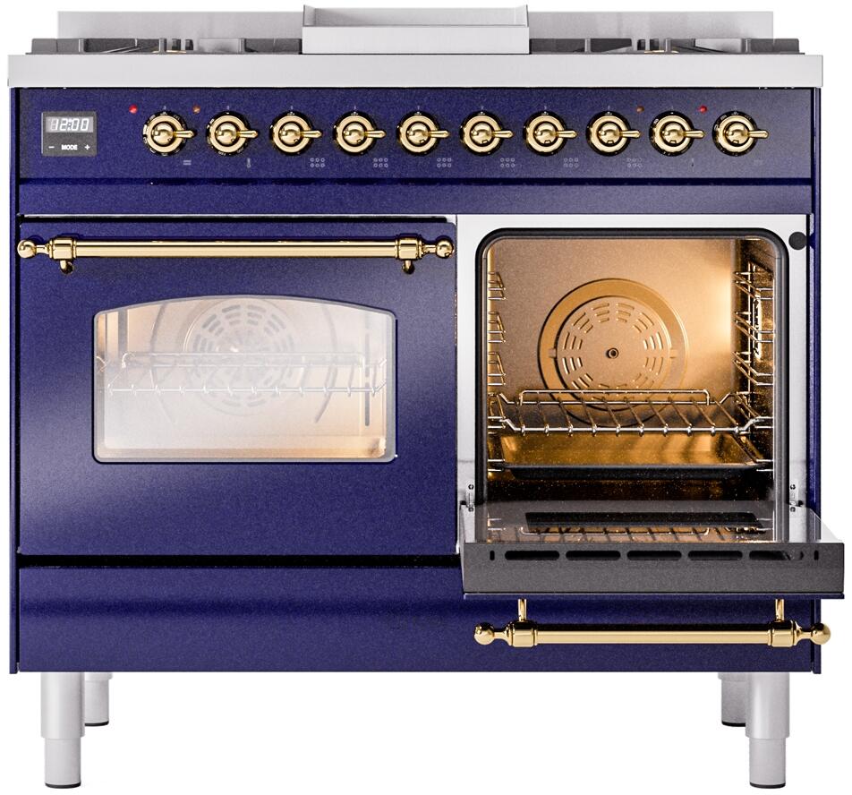 ILVE Nostalgie II 40-Inch Dual Fuel Freestanding Range in Midnight Blue with Brass Trim (UPD40FNMPMBGLP)