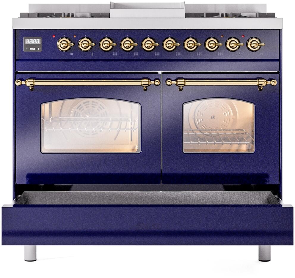 ILVE Nostalgie II 40-Inch Dual Fuel Freestanding Range in Midnight Blue with Brass Trim (UPD40FNMPMBGLP)