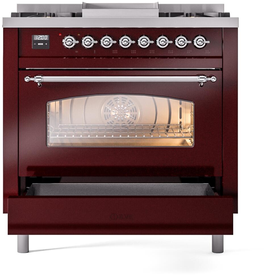 ILVE Nostalgie II 36-Inch Freestanding Natural Gas Dual Fuel Range in Burgundy with Chrome Trim (UP36FNMPBUC)