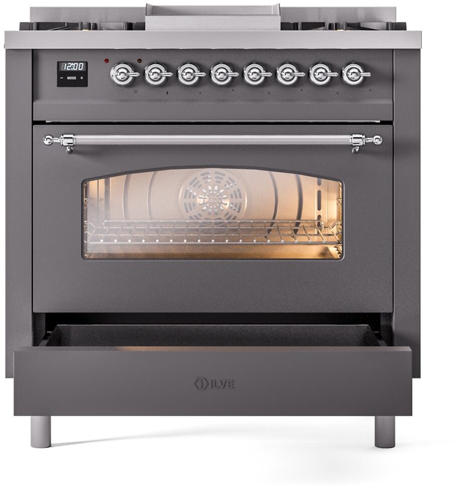 ILVE Nostalgie II 36-Inch Dual Fuel Freestanding Range in Matte Graphite with Chrome Trim (UP36FNMPMGCLP)