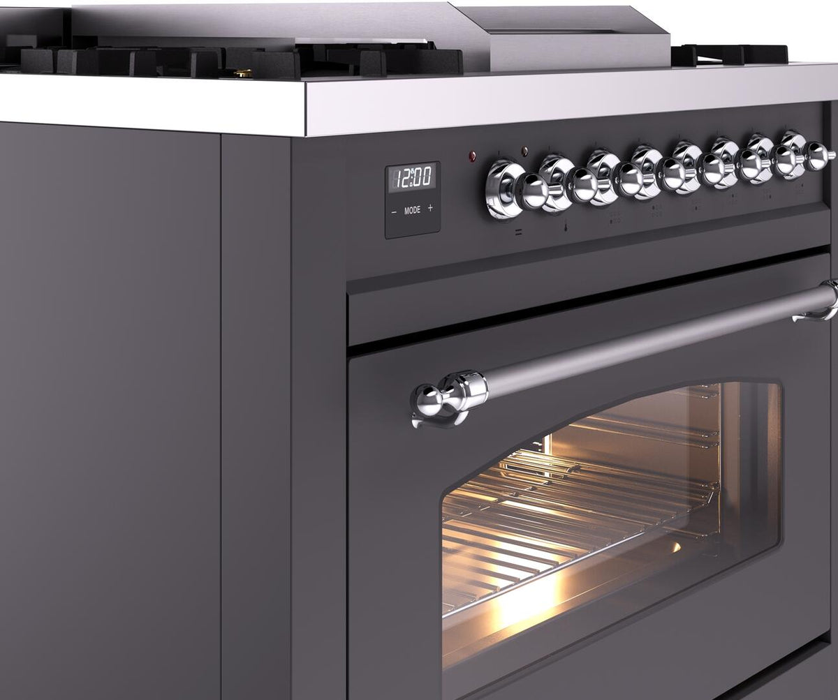 ILVE Nostalgie II 36-Inch Dual Fuel Freestanding Range in Matte Graphite with Chrome Trim (UP36FNMPMGCLP)