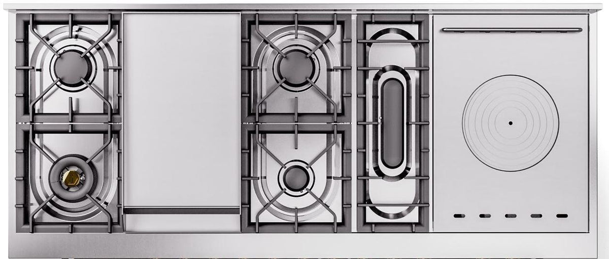 ILVE Nostalgie II 60-Inch Natural Gas Dual Fuel Range with 7 Burners, Griddle, & French Top with Triple Glass Door Oven in Custom RAL with Chrome Trim (UP60FSNMPRAC)