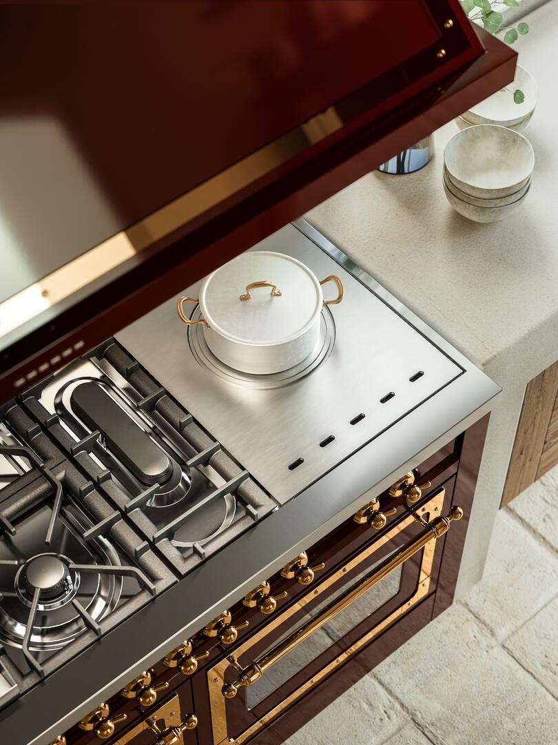 ILVE Nostalgie II 60-Inch Propane Gas Dual Fuel Range with 7 Burners, Griddle, & French Top with Triple Glass Door Oven in Antique White with Burnished Bronze Trim (UP60FSNMPAWBLP)