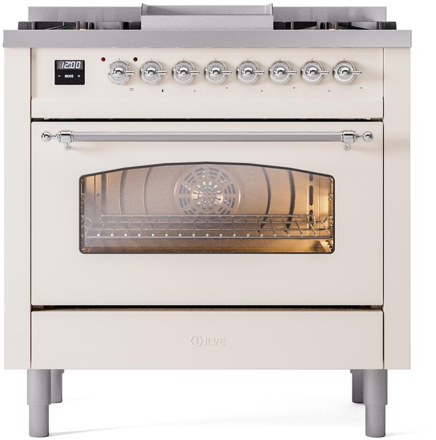 ILVE Nostalgie II 36-Inch Freestanding Natural Gas Dual Fuel Range in Antique White with Chrome Trim (UP36FNMPAWC)