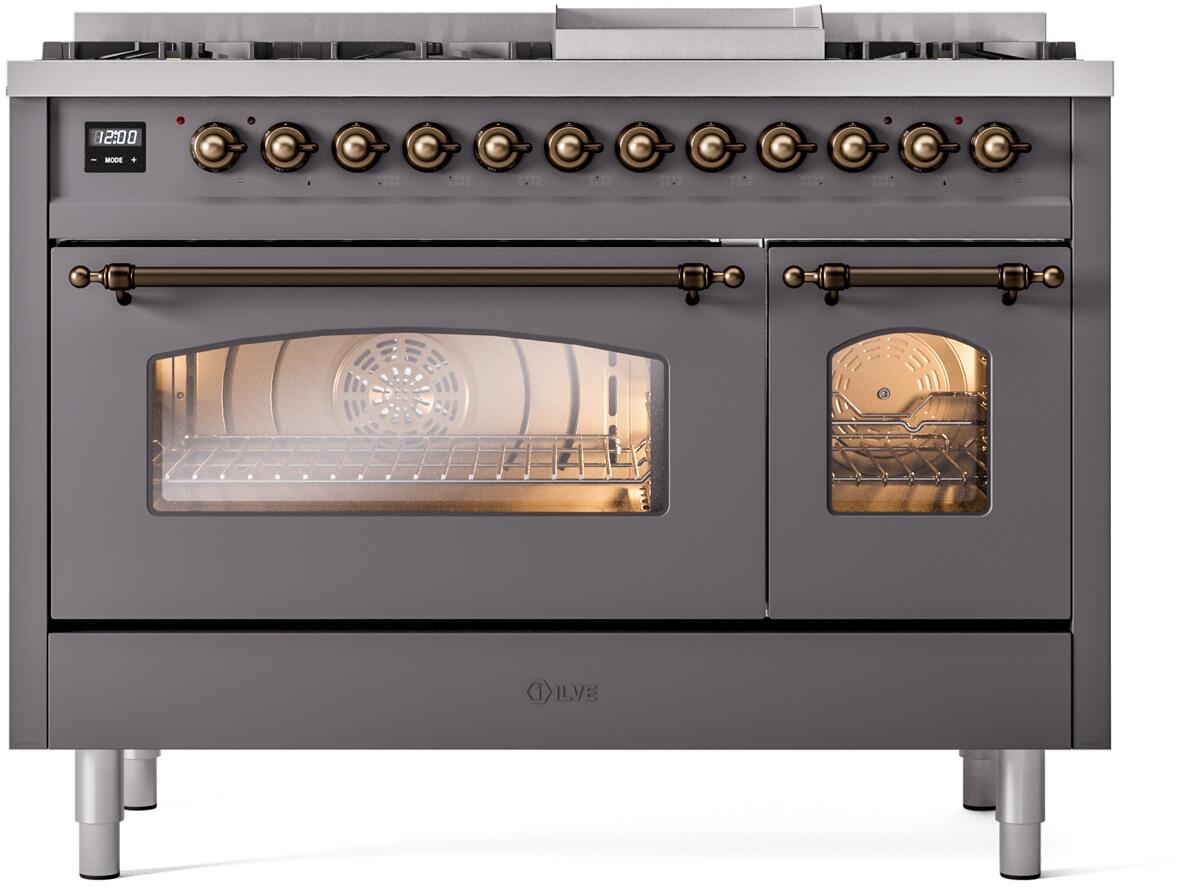 ILVE Nostalgie II 48-Inch Dual Fuel Freestanding Range in Matte Graphite with Burnished Bronze Trim (UP48FNMPMGBLP)