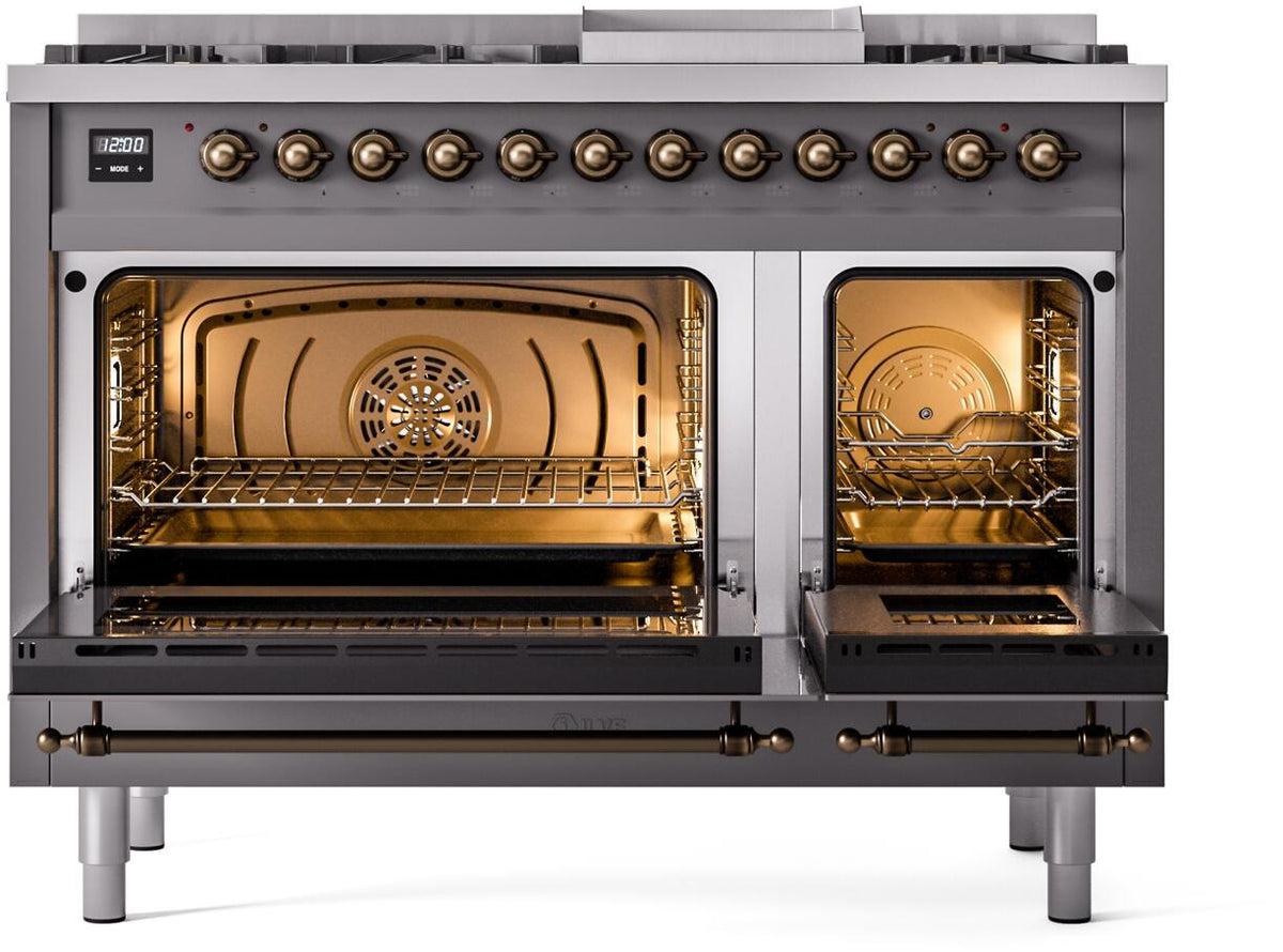 ILVE Nostalgie II 48-Inch Dual Fuel Freestanding Range in Matte Graphite with Burnished Bronze Trim (UP48FNMPMGBLP)