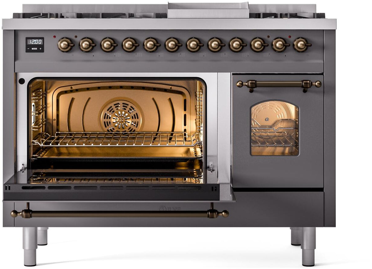 ILVE Nostalgie II 48-Inch Dual Fuel Freestanding Range in Matte Graphite with Burnished Bronze Trim (UP48FNMPMGBLP)