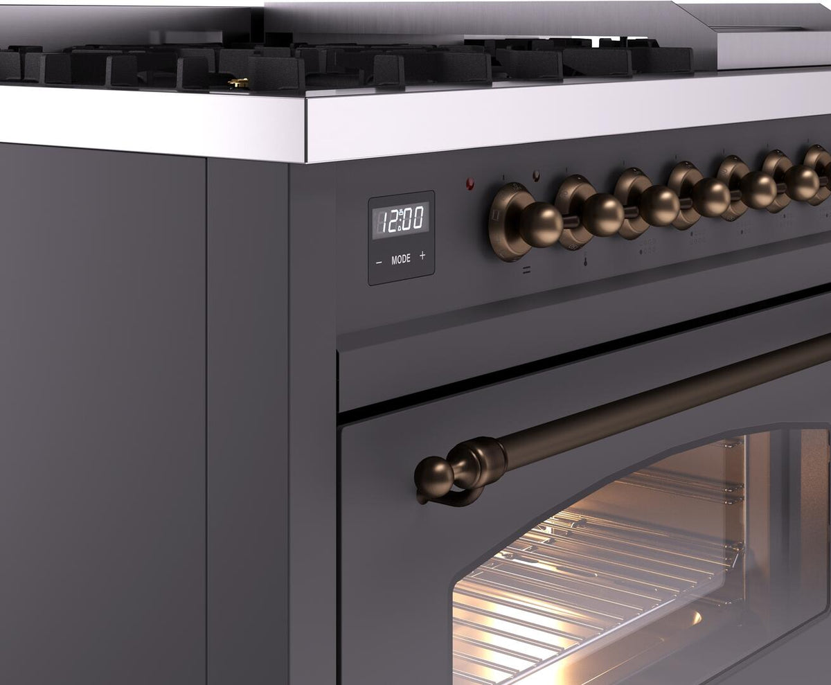 ILVE Nostalgie II 48-Inch Dual Fuel Freestanding Range in Matte Graphite with Burnished Bronze Trim (UP48FNMPMGBLP)