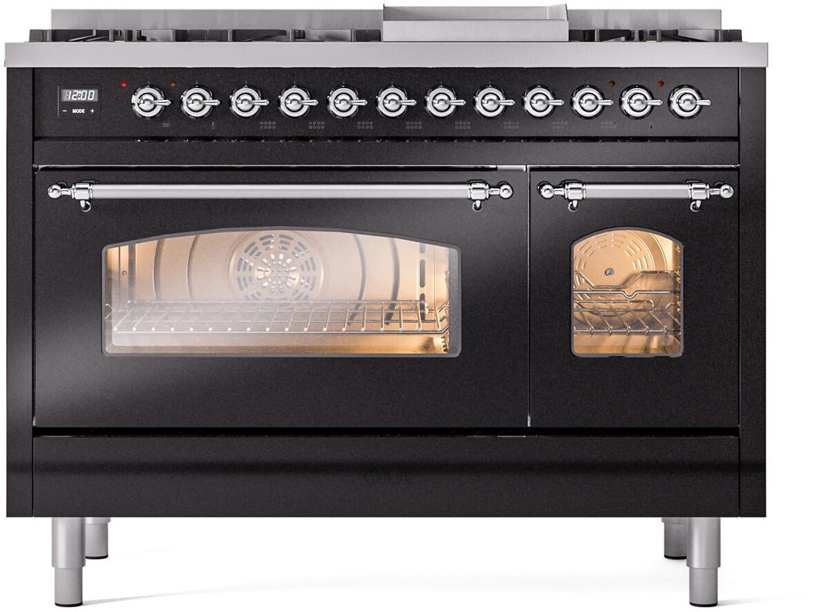ILVE Nostalgie II 48-Inch Freestanding Dual Fuel Range, Glossy Black with Chrome Trim (UP48FNMPBKCLP)