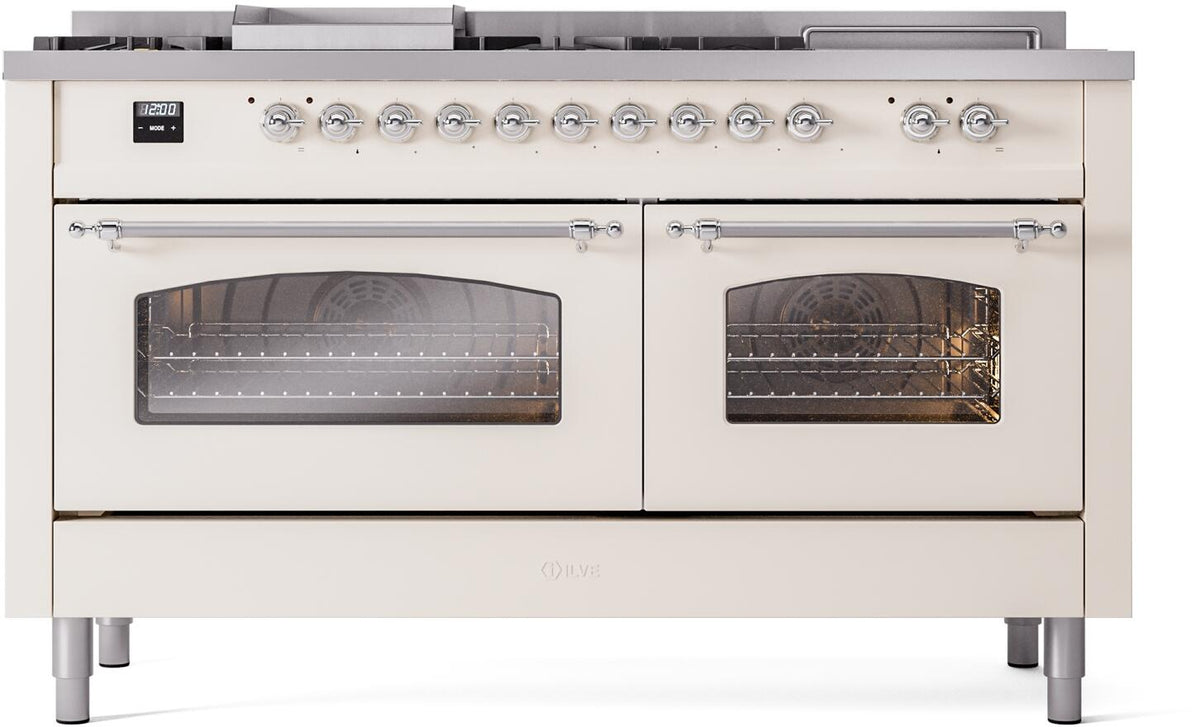 ILVE Nostalgie II 60-Inch Propane Dual Fuel Range, 7 Burners, Griddle, French Top, Triple Glass Door, Antique White with Chrome Trim (UP60FSNMPAWCLP)