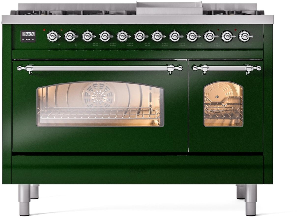 ILVE Nostalgie II 48-Inch Freestanding Dual Fuel Range, Emerald Green with Chrome Trim (UP48FNMPEGCLP)