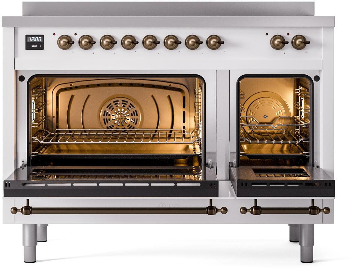 ILVE Nostalgie II 48-Inch Freestanding Electric Induction Range in White with Burnished Bronze Trim (UPI486NMPWHB)