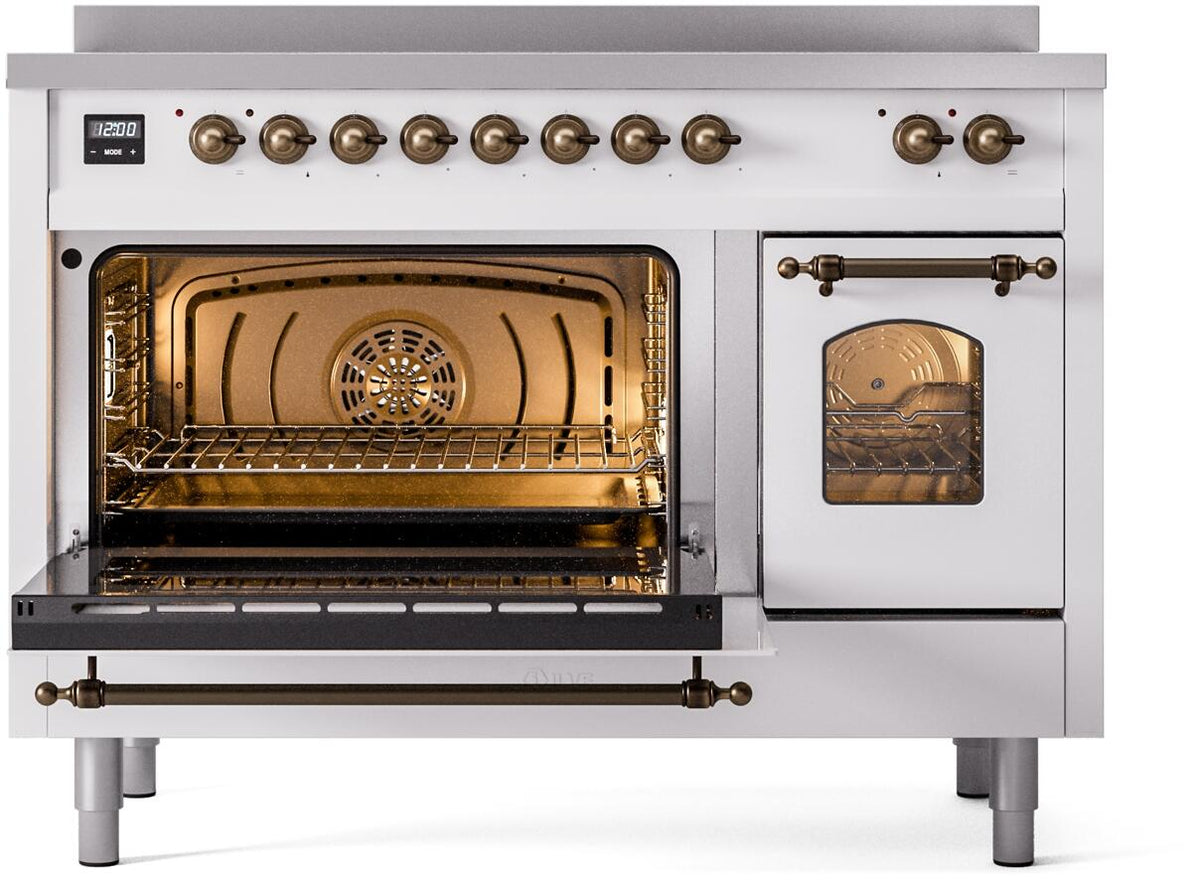 ILVE Nostalgie II 48-Inch Freestanding Electric Induction Range in White with Burnished Bronze Trim (UPI486NMPWHB)