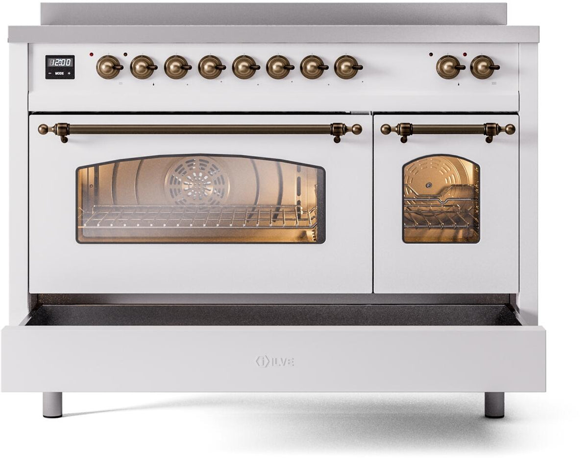 ILVE Nostalgie II 48-Inch Freestanding Electric Induction Range in White with Burnished Bronze Trim (UPI486NMPWHB)