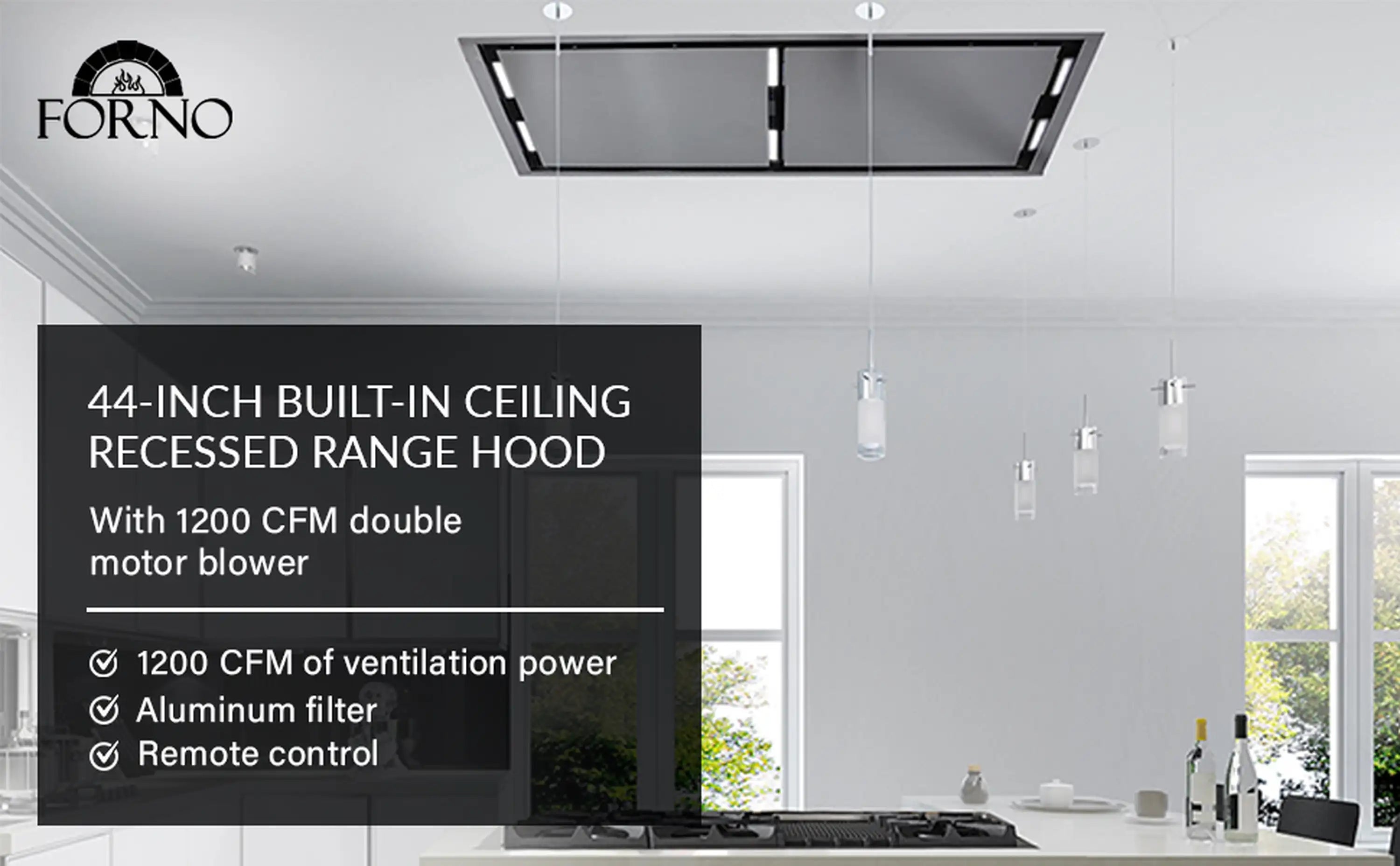 Forno Arezzo 44-Inch Recessed Ceiling Range Hood in Stainless Steel with 1200 CFM Motor (FRHRE5312-44)