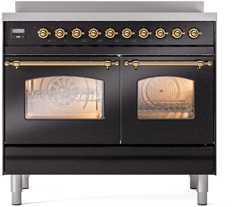 ILVE Nostalgie II 40-Inch Freestanding Electric Induction Range, Glossy Black with Brass Trim (UPDI406NMPBKG)