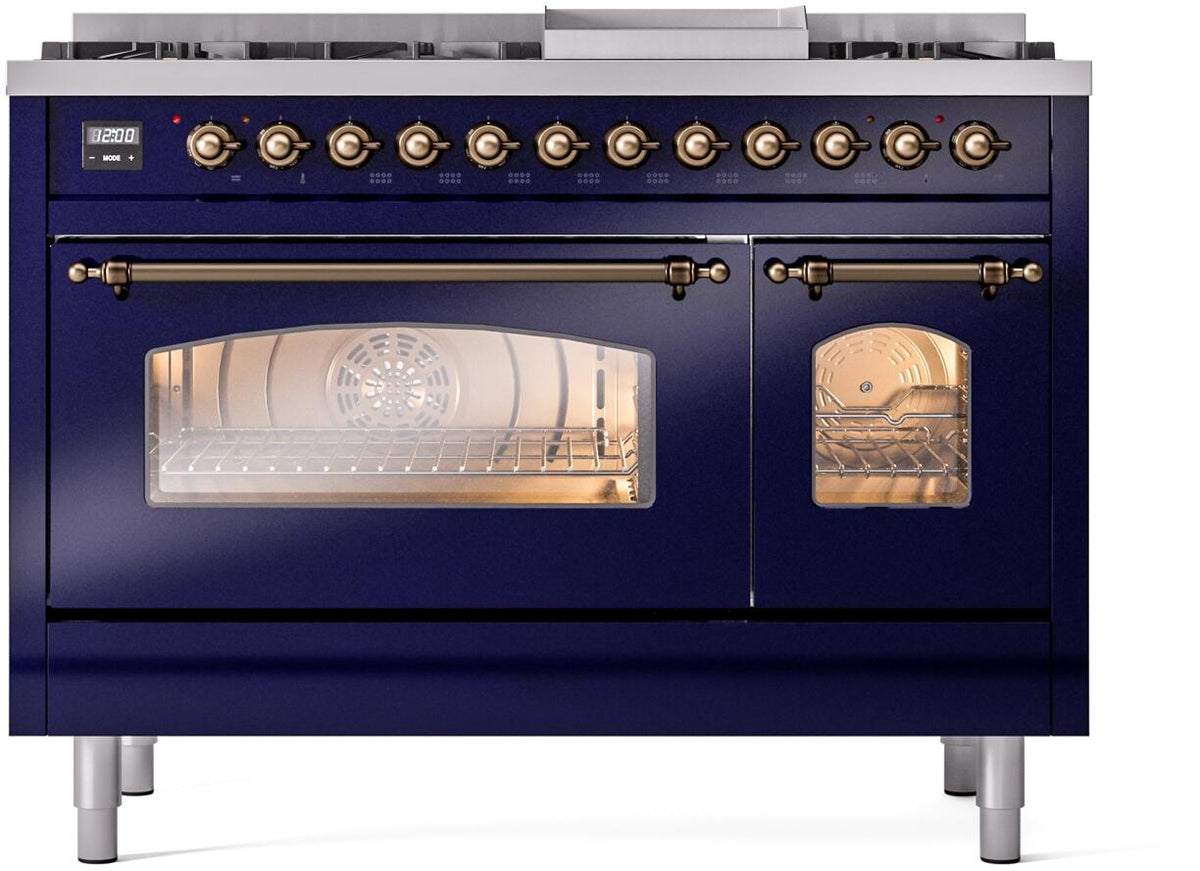 ILVE Nostalgie II 48-Inch Dual Fuel Freestanding Range in Midnight Blue with Burnished Bronze Trim (UP48FNMPMBBLP)